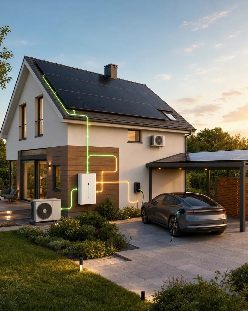 Einfamilienhaus mit Photovoltaikanlage und Batteriespeicher an der Fassade