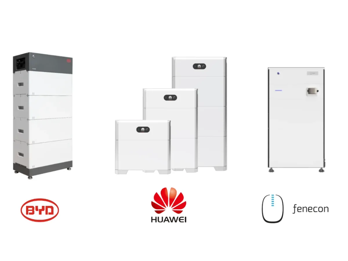 Batteriespeicher von BYD, Huawei und Fenecon nebeneinander