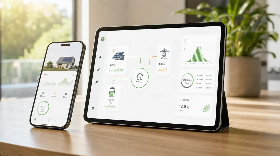 Tablet und Smartphone mit einer App, die Erzeugung, Speicher und Verbrauch einer Photovoltaikanlage zeigt