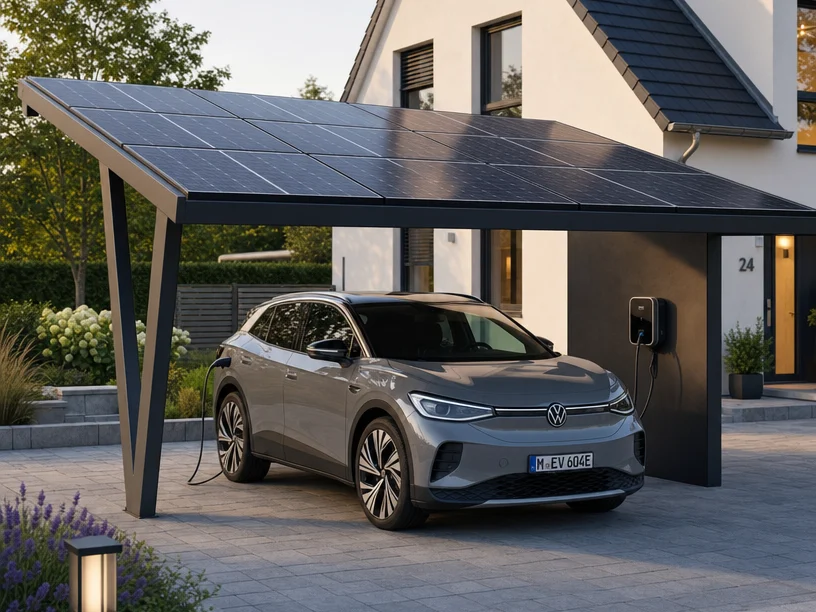 Solarcarport neben einem Wohnhaus mit einem Elektroauto unter dem Solardach