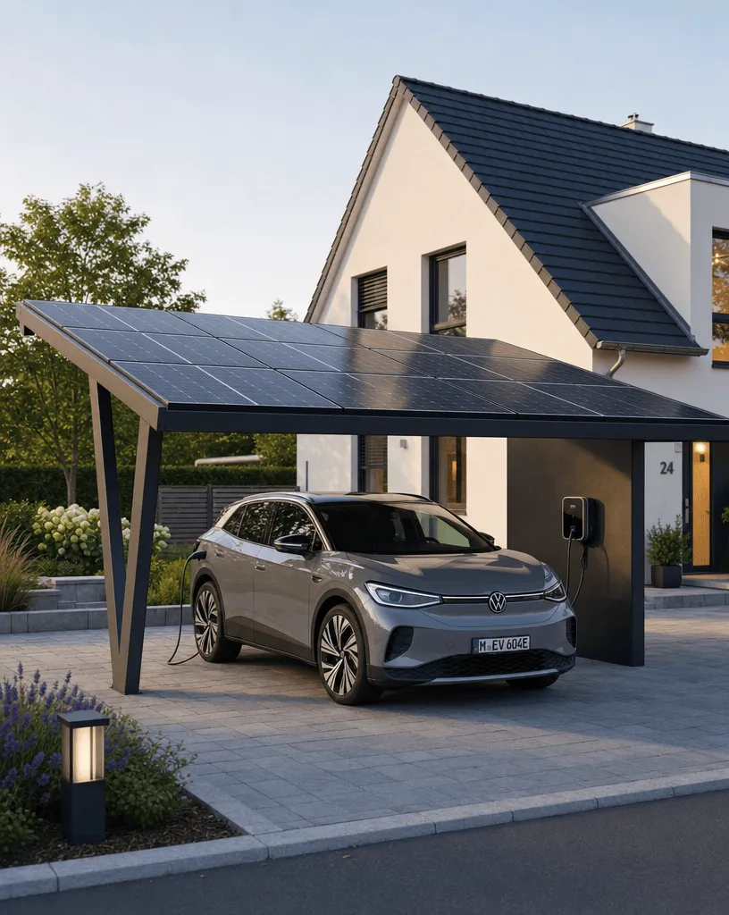 Solarcarport mit Überkopfverglasung neben einem Wohnhaus