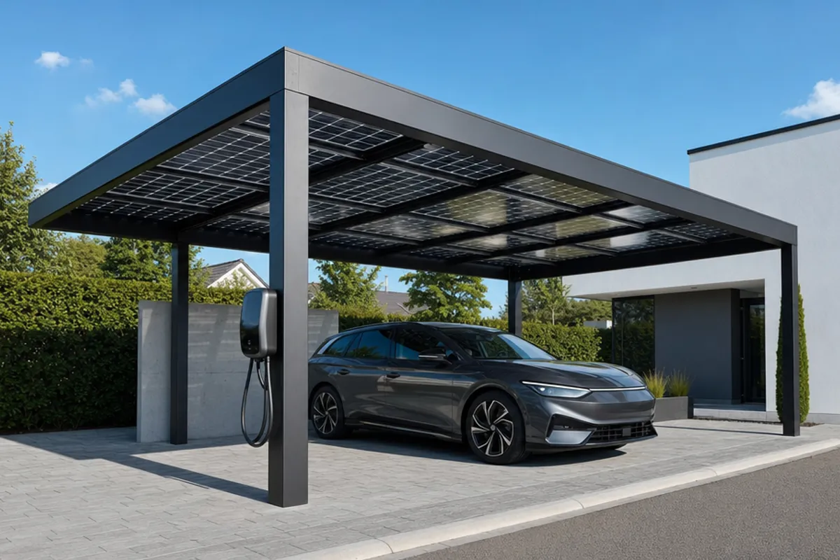 Freistehender Solarcarport mit Glas-Glas-Modulen und Wallbox