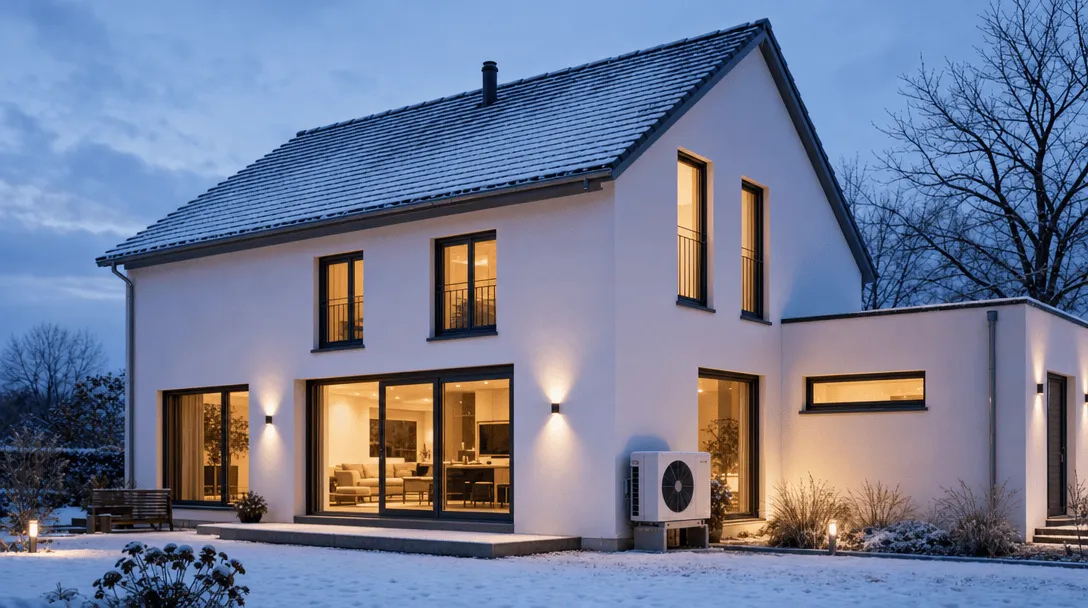Wärmepumpe an einer Hauswand im Winter